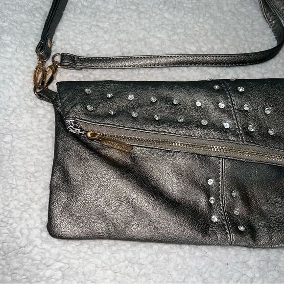 Imoshion Gunmetal Pewter Gray Fold-over Shoulder Bag or Clutch Rhinestones - Picture 5 of 12